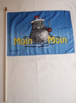 Moin Moin 2 Seehund mit Mütze und Pfeife Stockflagge 30x45 cm