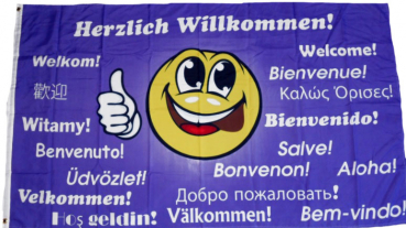 Flagge Fahne Herzlich Willkommen Smiley Welcome mehrsprachig