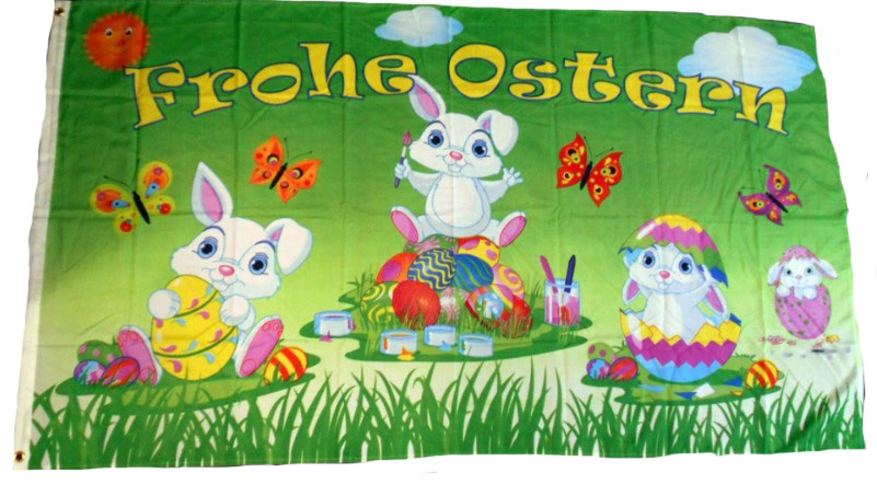 Fahne Frohe Ostern Hasen und Eier Flagge Oster Hissflagge 90x150cm